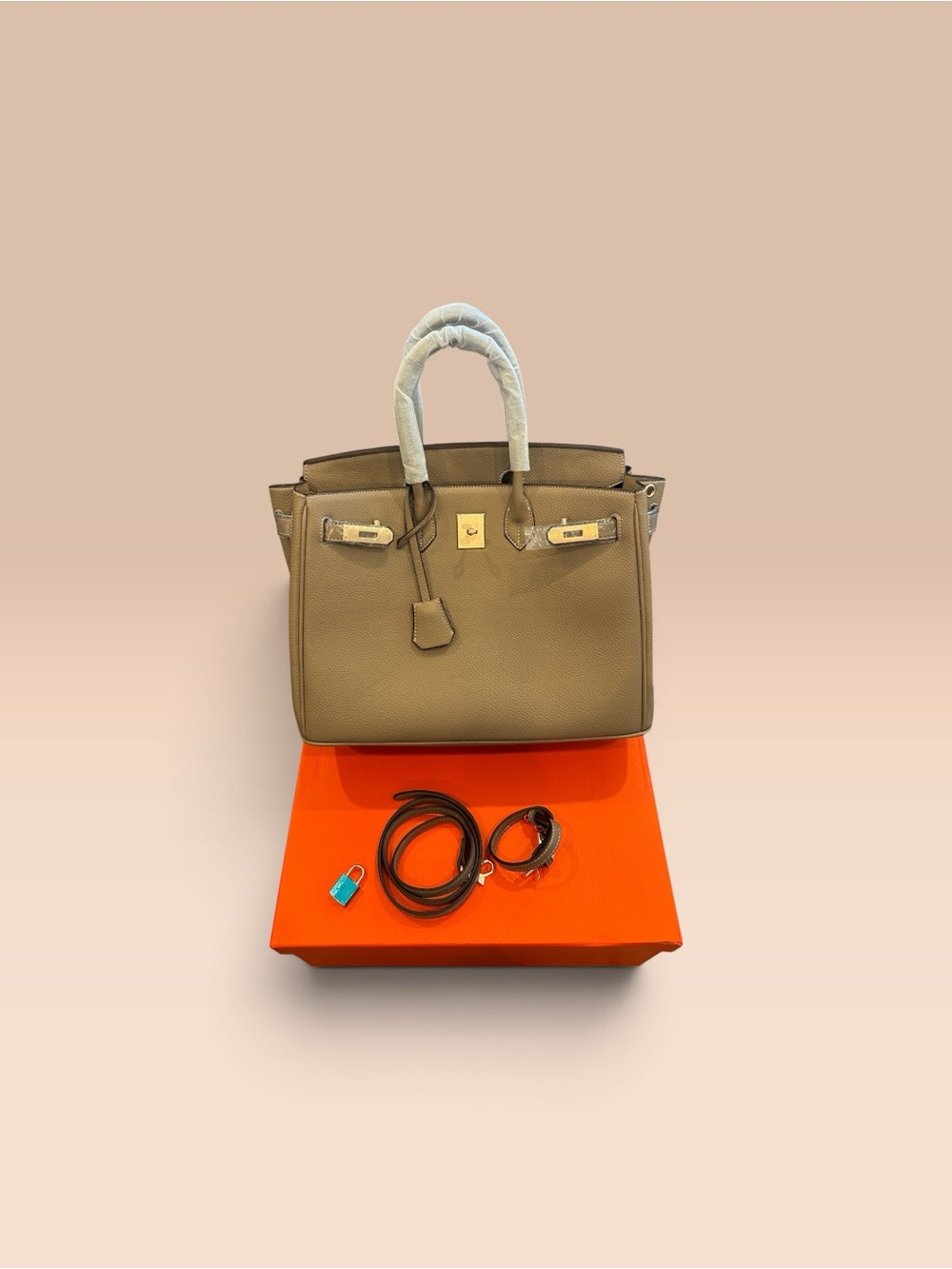 Taupe Leather Tote with Gold-Tone Hardware - 30 cm